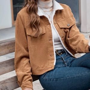 Button front thermal lined crop corduroy jacket